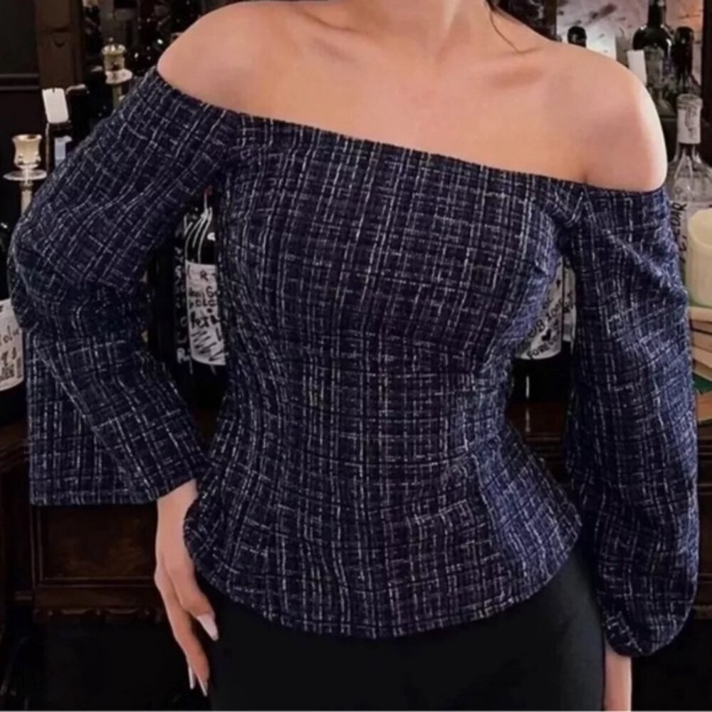 NWT ZARA Tweed Textured Off Shoulder Top Flare Sleeve 8741/257/030 Size XS - Picture 4 of 16